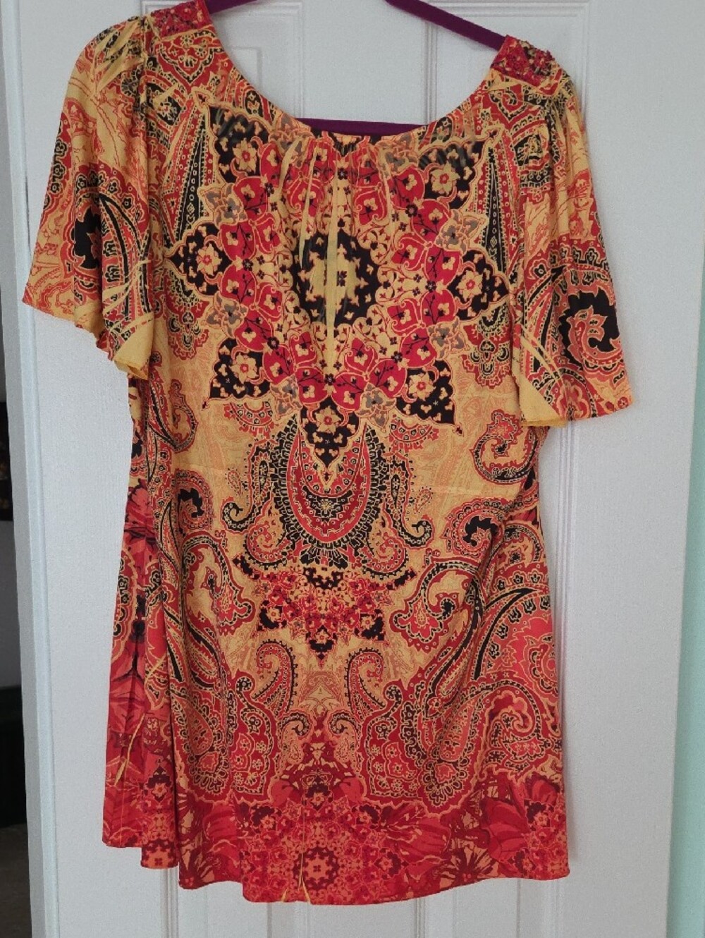 ONE WORLD Red and Yellow Paisley Beaded Short Sleeve Tunic - Picture 3 of 5